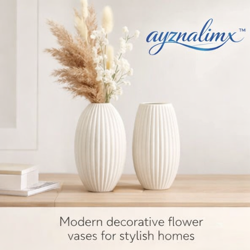 ayznalimx™ Ribbed Ceramic Vase Set, Modern Decorative Flower Vases for Living Room, Shelf, Entryway & Dining Table