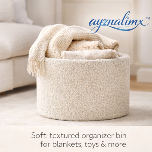 ayznalimx™ Bouclé Storage Ottoman Basket, Soft Textured Organizer Bin for Blankets, Toys, Pillows & Living Room Decor