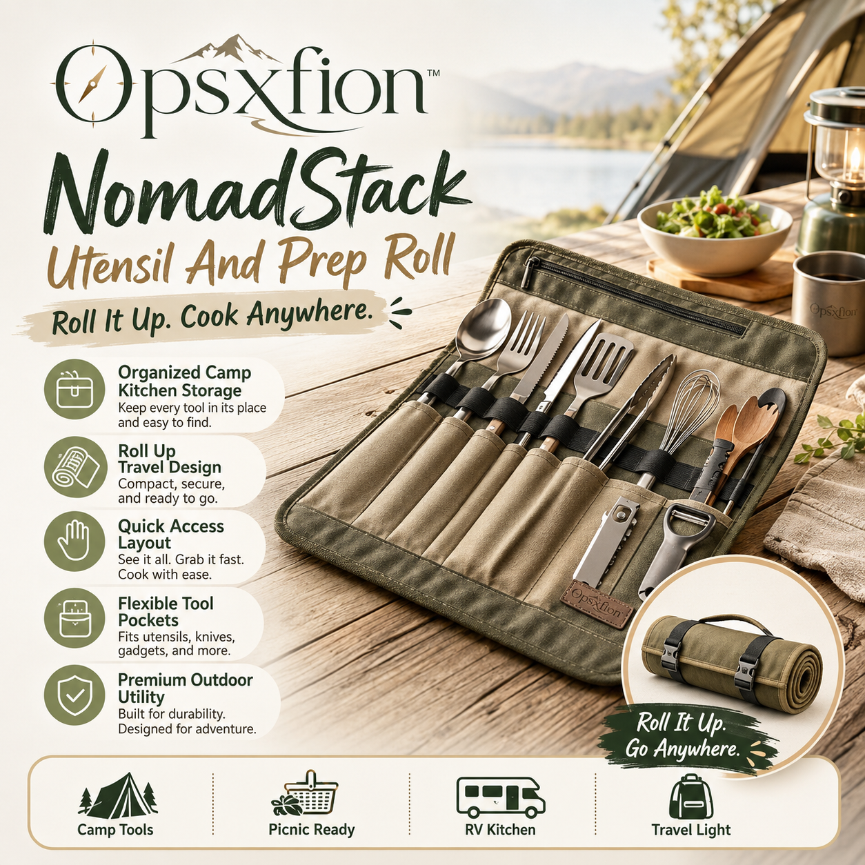 Opsxfion™ NomadStack Utensil & Prep Roll, Camping Utensil Organizer, Outdoor Kitchen Tool Roll, Picnic Cutlery Storage Bag