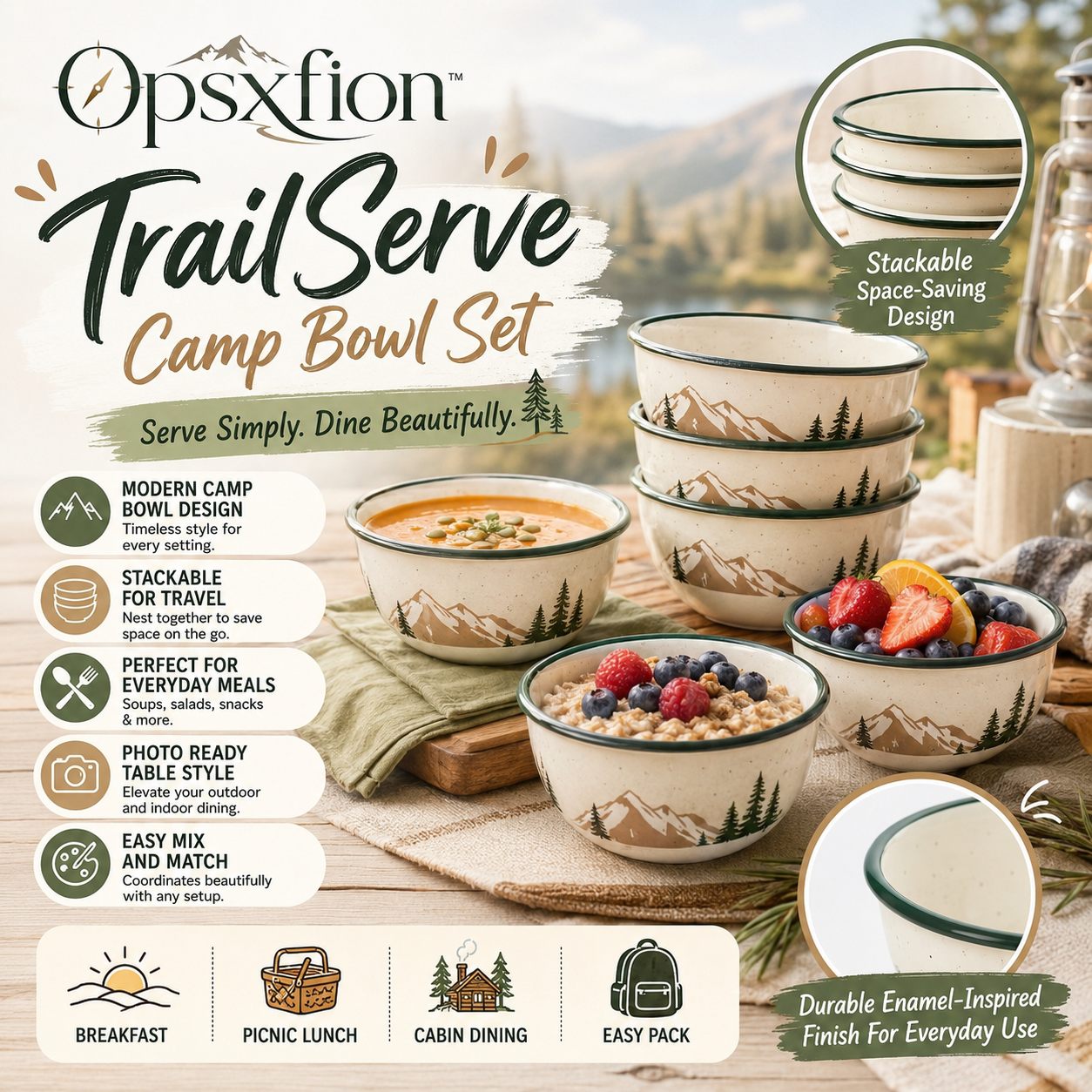 Opsxfion™ TrailServe Enamel-Inspired Camp Bowl Set, Outdoor Dinnerware, Camping Bowls, Picnic Serving Bowls