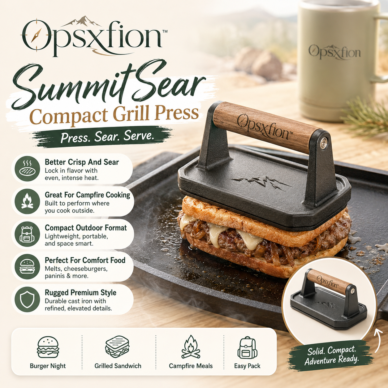 Opsxfionโข SummitSear Compact Grill Press, Cast-Style Camping Grill Press, Outdoor Burger Press, Campfire Sandwich Maker