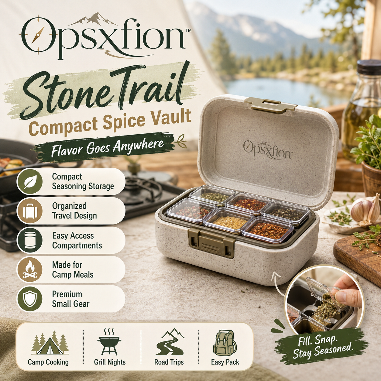 Opsxfion™ StoneTrail Compact Spice Vault, Camping Spice Kit, Outdoor Seasoning Organizer, Travel Kitchen Container Set