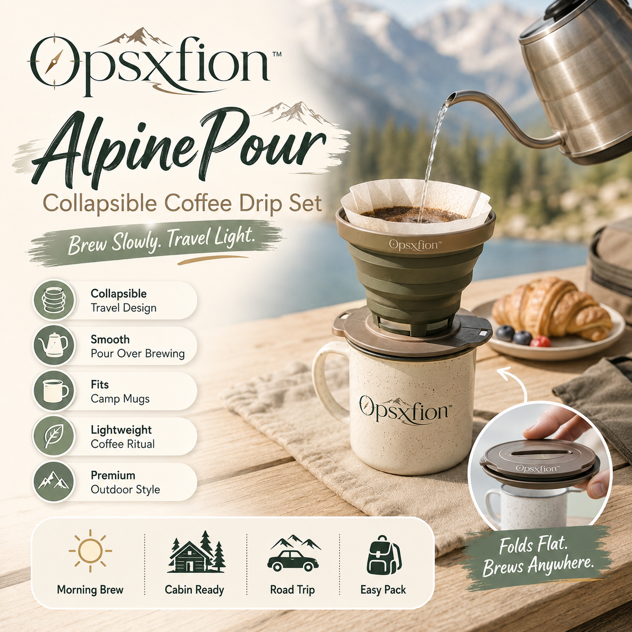 Opsxfion™ AlpinePour Collapsible Coffee Drip Set, Camping Coffee Maker, Portable Pour Over Brewer, Outdoor Barista Gear