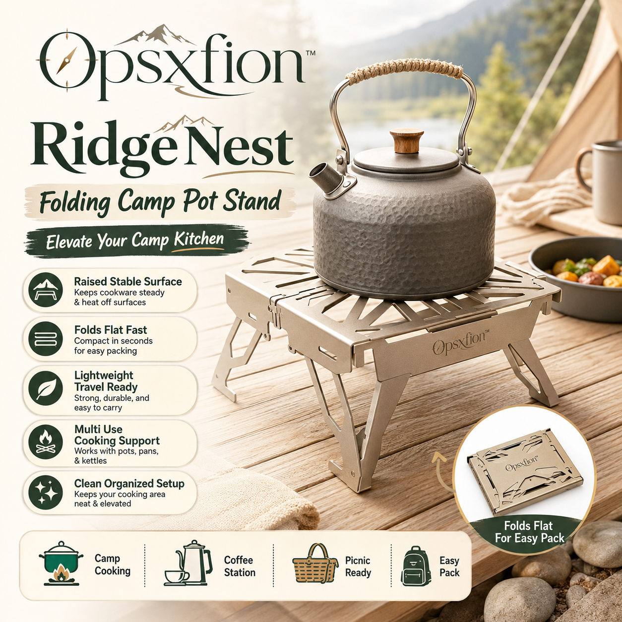 Opsxfion™ RidgeNest Folding Camp Pot Stand, Outdoor Stove Stand, Backpacking Cookware Rack, Portable Camp Kitchen Gear