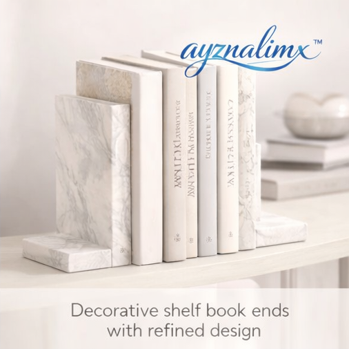 ayznalimx™ Marble Look Bookend Set, Decorative Shelf Book Ends for Office, Living Room, Coffee Table & Home Library