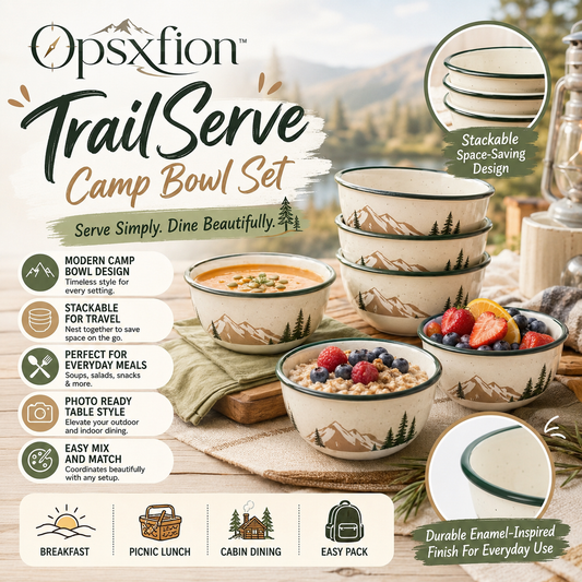 Opsxfion™ TrailServe Enamel-Inspired Camp Bowl Set, Outdoor Dinnerware, Camping Bowls, Picnic Serving Bowls