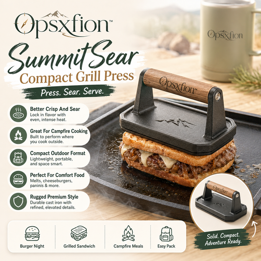 Opsxfion™ SummitSear Compact Grill Press, Cast-Style Camping Grill Press, Outdoor Burger Press, Campfire Sandwich Maker