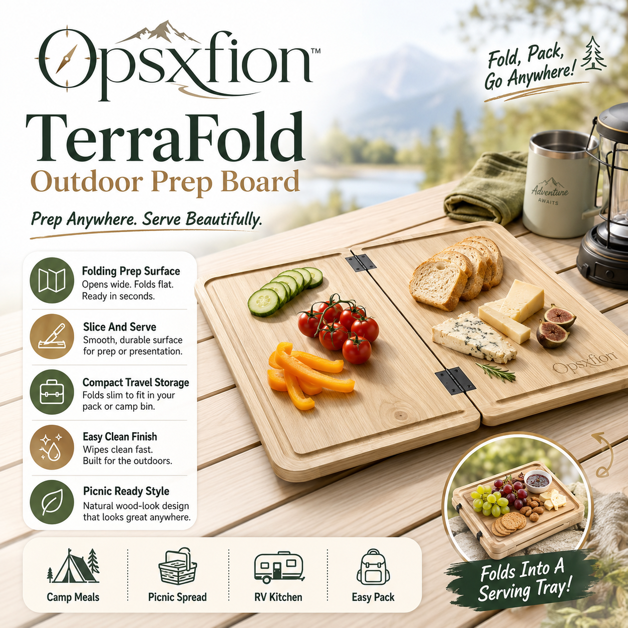 Opsxfion™ TerraFold Outdoor Prep Board, Folding Camping Cutting Board, Picnic Food Prep Tray, Portable Camp Kitchenware