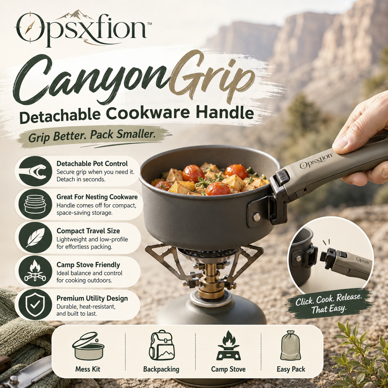 Opsxfion™ CanyonGrip Detachable Cookware Handle, Camping Pot Handle, Pan Gripper, Outdoor Cookware Accessory